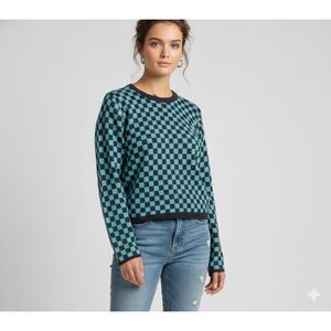 DayDreamer Crop Sweater Womens Size XS Black & Blue Check Crew Neck Long Sleeve